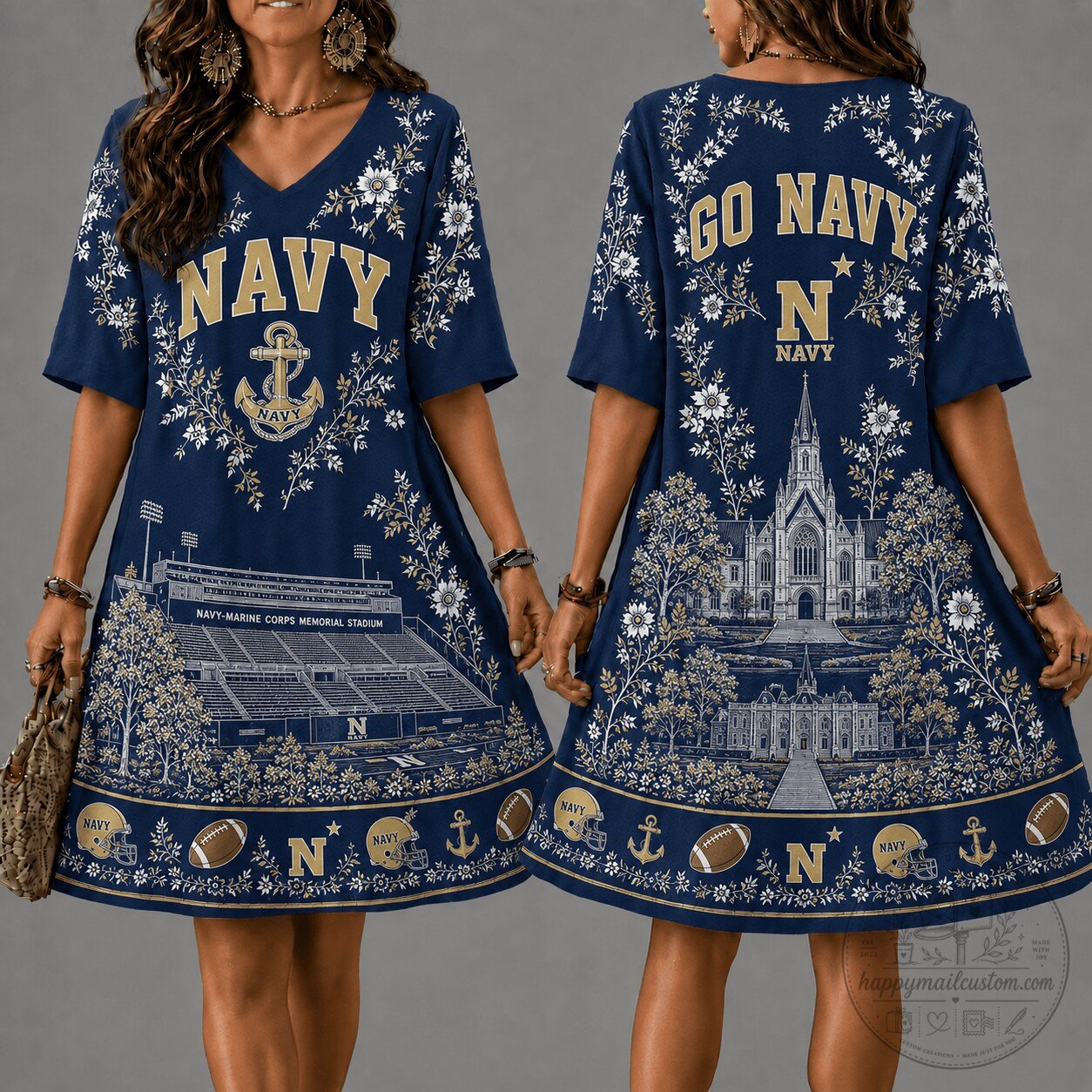 United States Naval Academy Midshipmen Floral V-Neck Game Day Dress