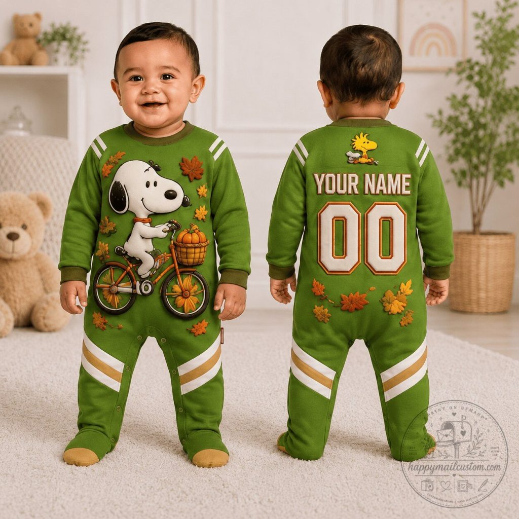 Snoopy and Woodstock Autumn Style Custom Name and Number Baby Romper Snoopy and Woodstock Autumn Style Custom Name and Number Baby Romper