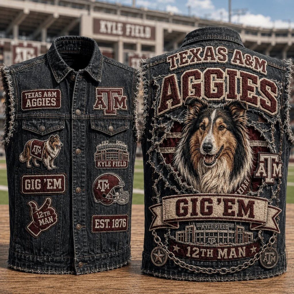 Texas A&M Aggies Reveille Collie Dog Denim Vest with Kyle Field Patches Texas A&M Aggies Reveille Collie Dog Denim Vest with Kyle Field Patches