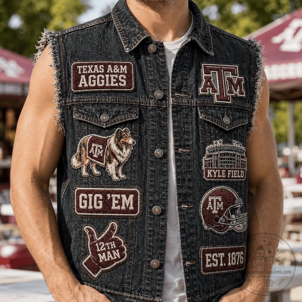 Texas A&M Aggies Reveille Collie Dog Denim Vest with Kyle Field Patches 8 Texas A&M Aggies Reveille Collie Dog Denim Vest with Kyle Field Patches