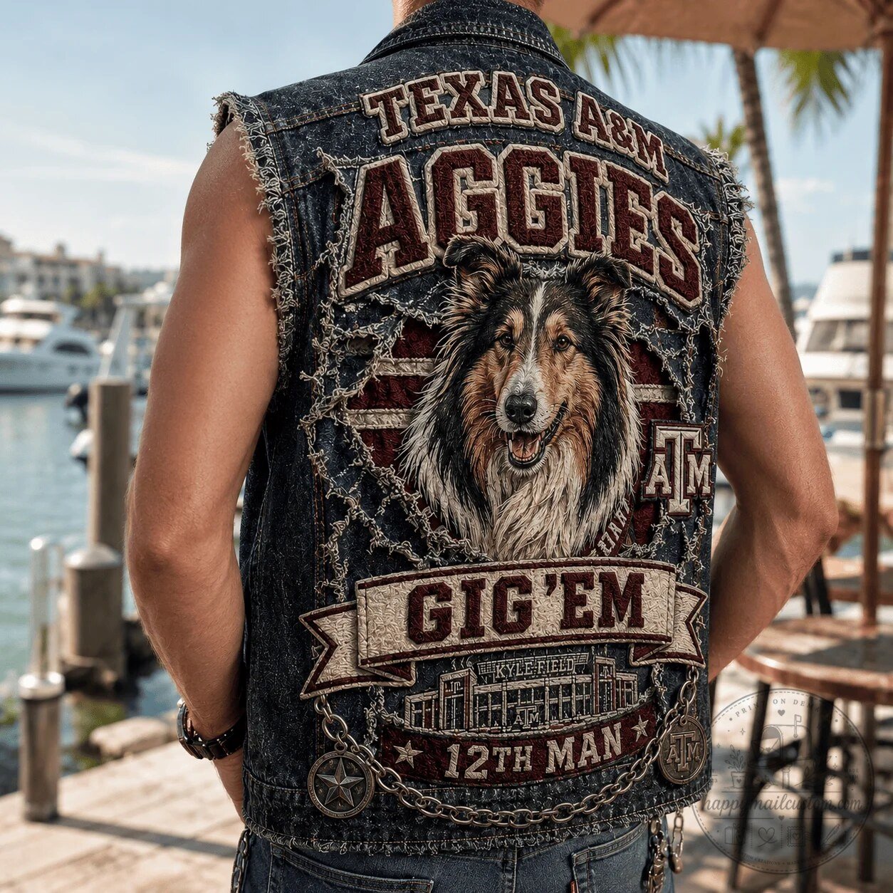 Texas A&M Aggies Reveille Collie Dog Denim Vest with Kyle Field Patches 9 Texas A&M Aggies Reveille Collie Dog Denim Vest with Kyle Field Patches