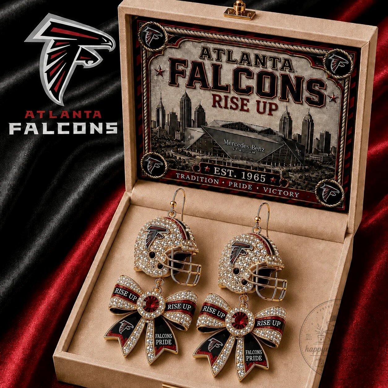 Atlanta Falcons Football Helmet Bow Dangle Earrings with Rhinestones 3 Atlanta Falcons Football Helmet Bow Dangle Earrings with Rhinestones
