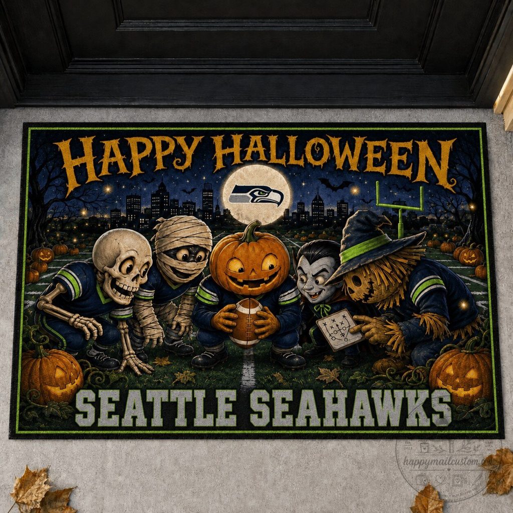Seattle Seahawks Happy Halloween Football Monsters Doormat Seattle Seahawks Happy Halloween Football Monsters Doormat