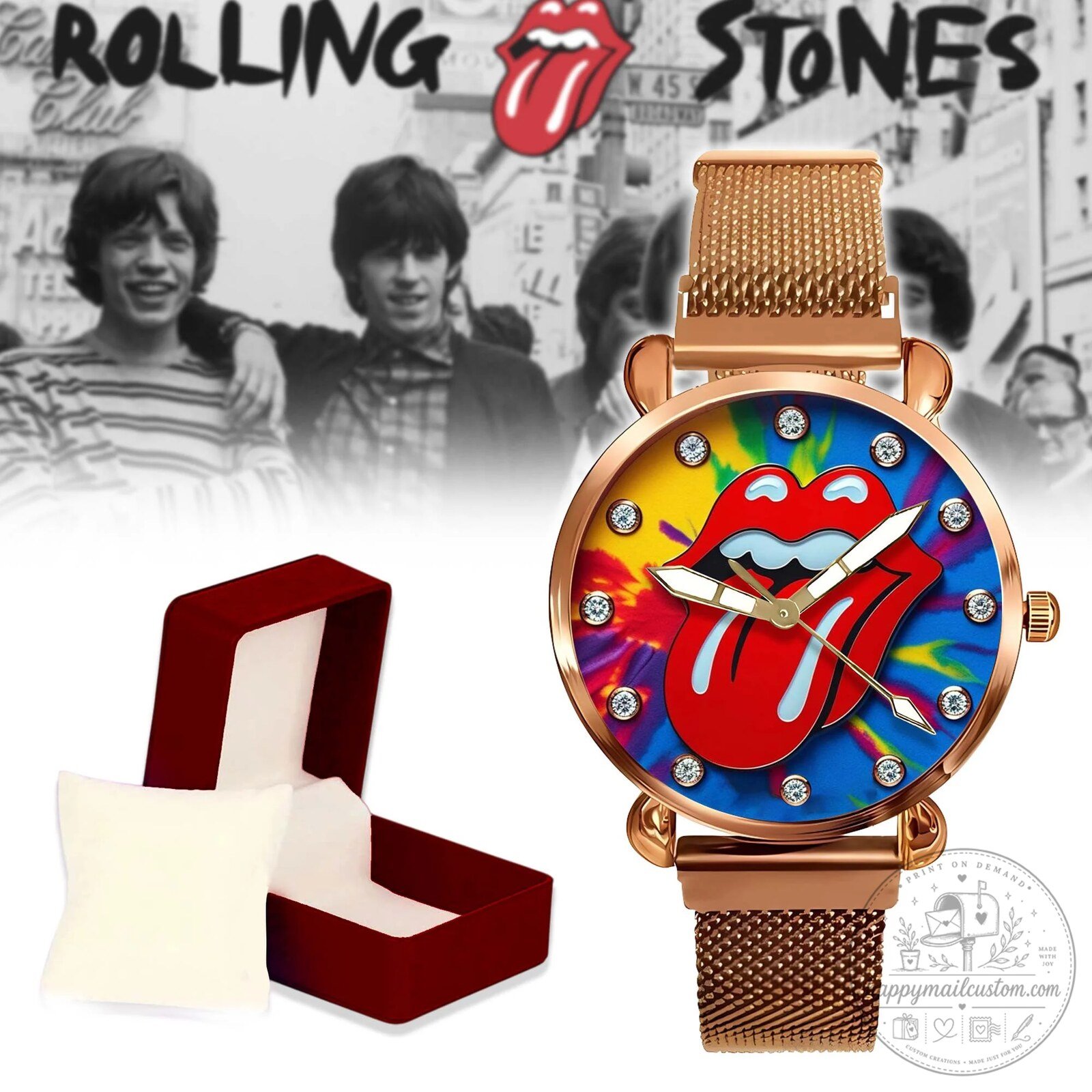 Rose Gold Mesh Band Watch featuring Tie Dye Tongue Logo by The Rolling Stones 5 Rose Gold Mesh Band Watch featuring Tie Dye Tongue Logo by The Rolling Stones