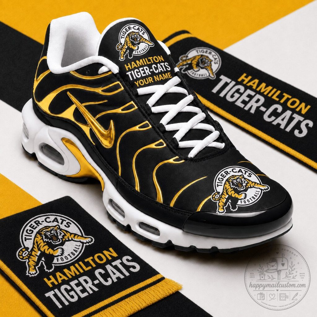 Hamilton Tiger-Cats Football Team Black Gold Custom Name Sneakers Shoes Hamilton Tiger-Cats Football Team Black Gold Custom Name Sneakers Shoes