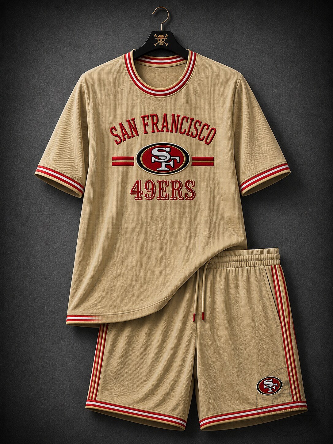San Francisco 49ers Men's Premium Cotton-Blend Athletic Set – Short Sleeve Jersey Top & Matching Shorts with Embroidered Logo and Striped Trim