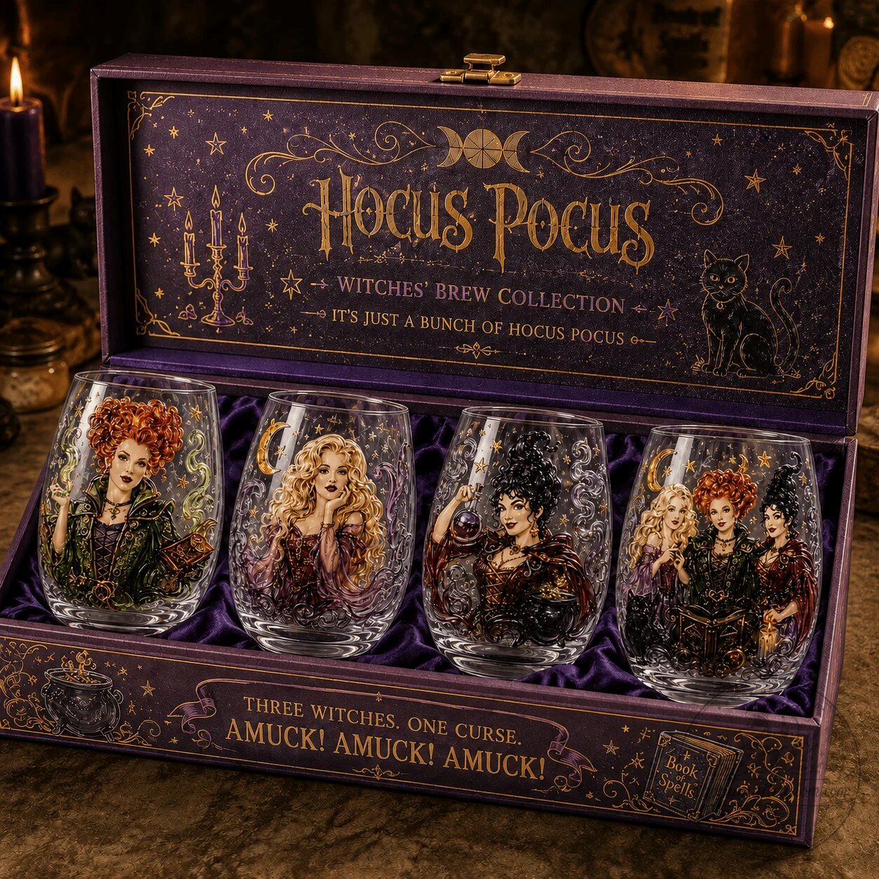 Halloween Stemless Wine Glass Set featuring the Sanderson Sisters from Hocus Pocus 8 Halloween Stemless Wine Glass Set featuring the Sanderson Sisters from Hocus Pocus