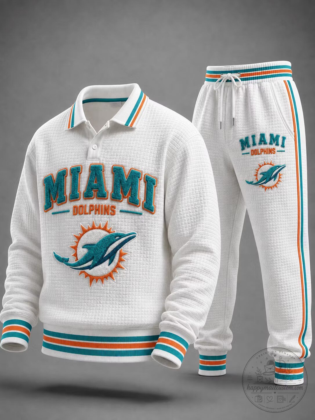 Miami Dolphins Embroidered Waffle Knit Polo Sweatshirt and Jogger Pants Set