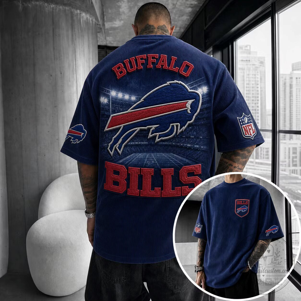 Buffalo Bills NFL Football Team Logo Corduroy Oversized Short-Sleeve T-Shirt