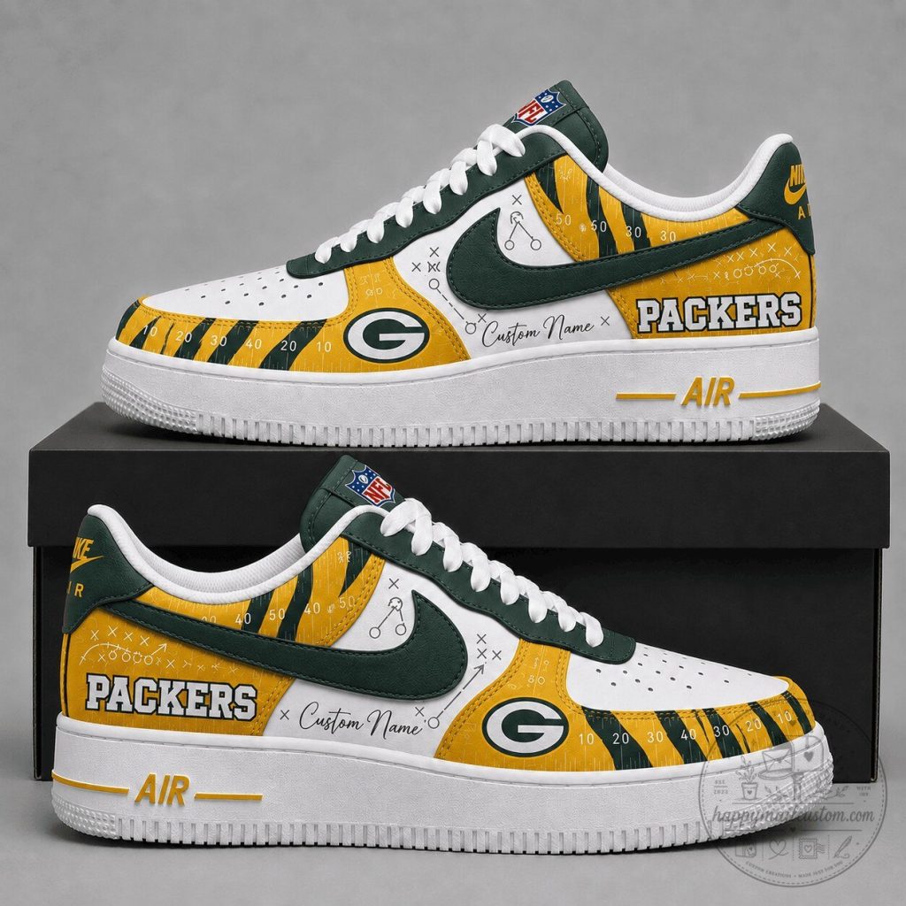 Green Bay Packers Football Team Custom Name White and Gold Sneakers Green Bay Packers Football Team Custom Name White and Gold Sneakers