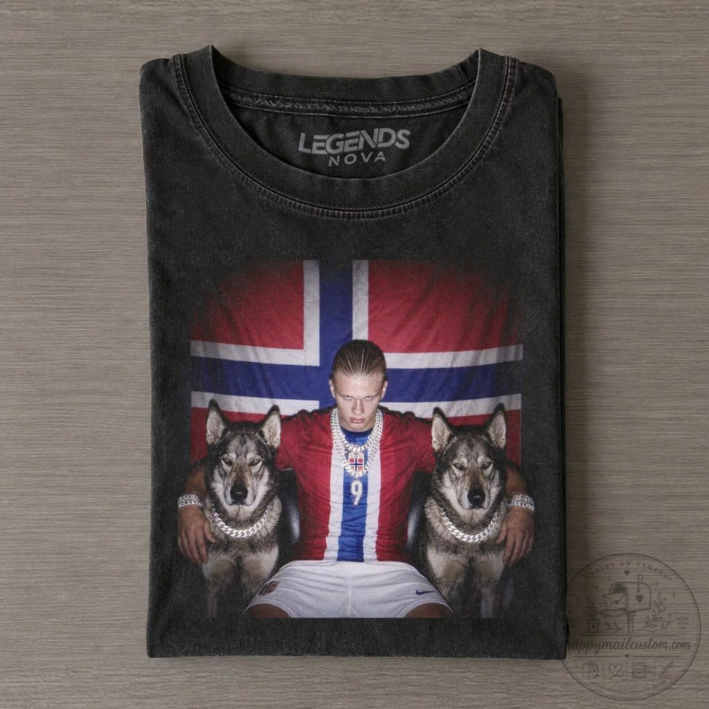Erling Haaland Norway Flag Wolves Football Star Black T-Shirt Erling Haaland Norway Flag Wolves Football Star Black T-Shirt