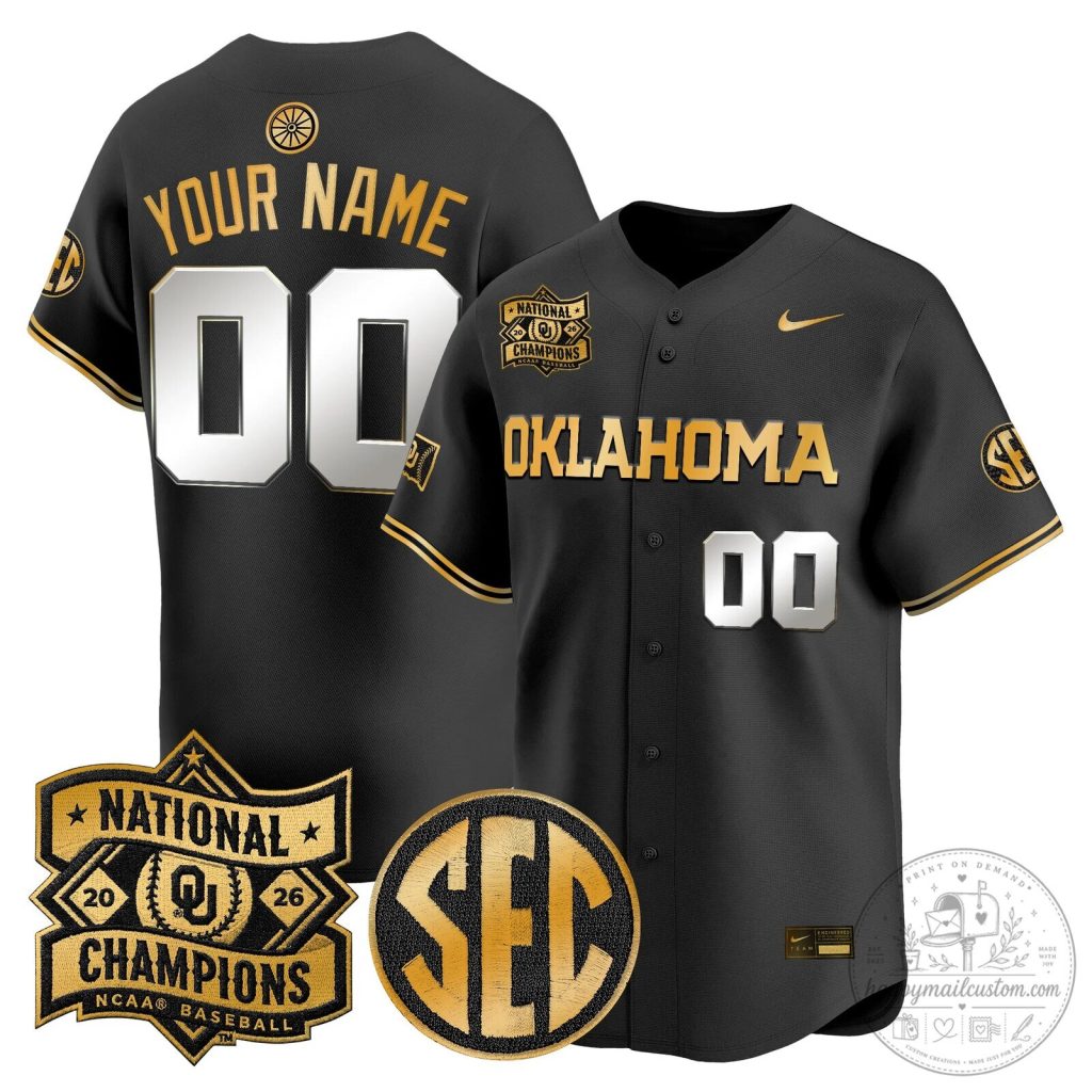 Oklahoma Sooners 2026 National Champions Custom Black Baseball Jersey Oklahoma Sooners 2026 National Champions Custom Black Baseball Jersey