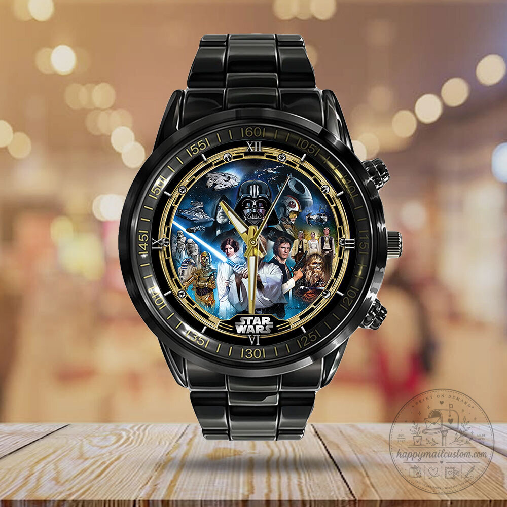 Star Wars Movie Characters Black Stainless Steel Watch with Gold Accents 9 Star Wars Movie Characters Black Stainless Steel Watch with Gold Accents