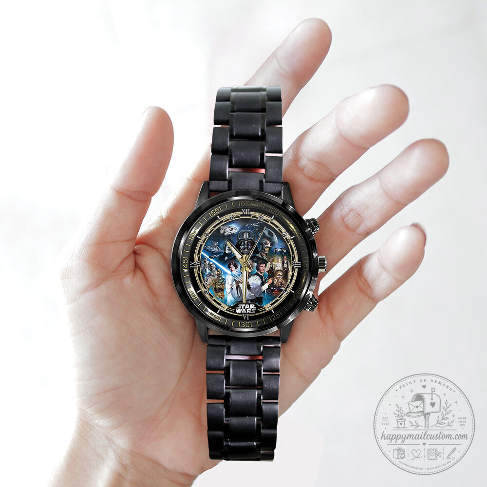 Star Wars Movie Characters Black Stainless Steel Watch with Gold Accents 10 Star Wars Movie Characters Black Stainless Steel Watch with Gold Accents