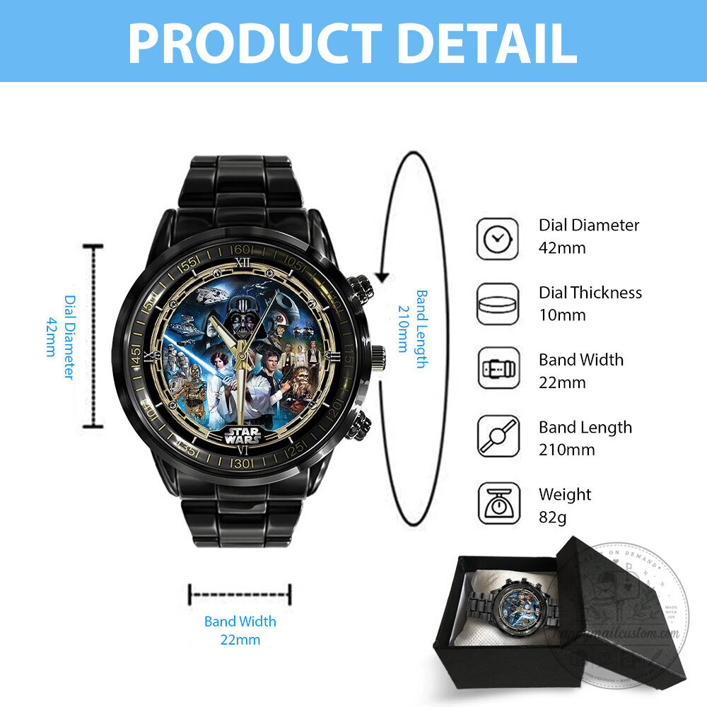 Star Wars Movie Characters Black Stainless Steel Watch with Gold Accents 11 Star Wars Movie Characters Black Stainless Steel Watch with Gold Accents