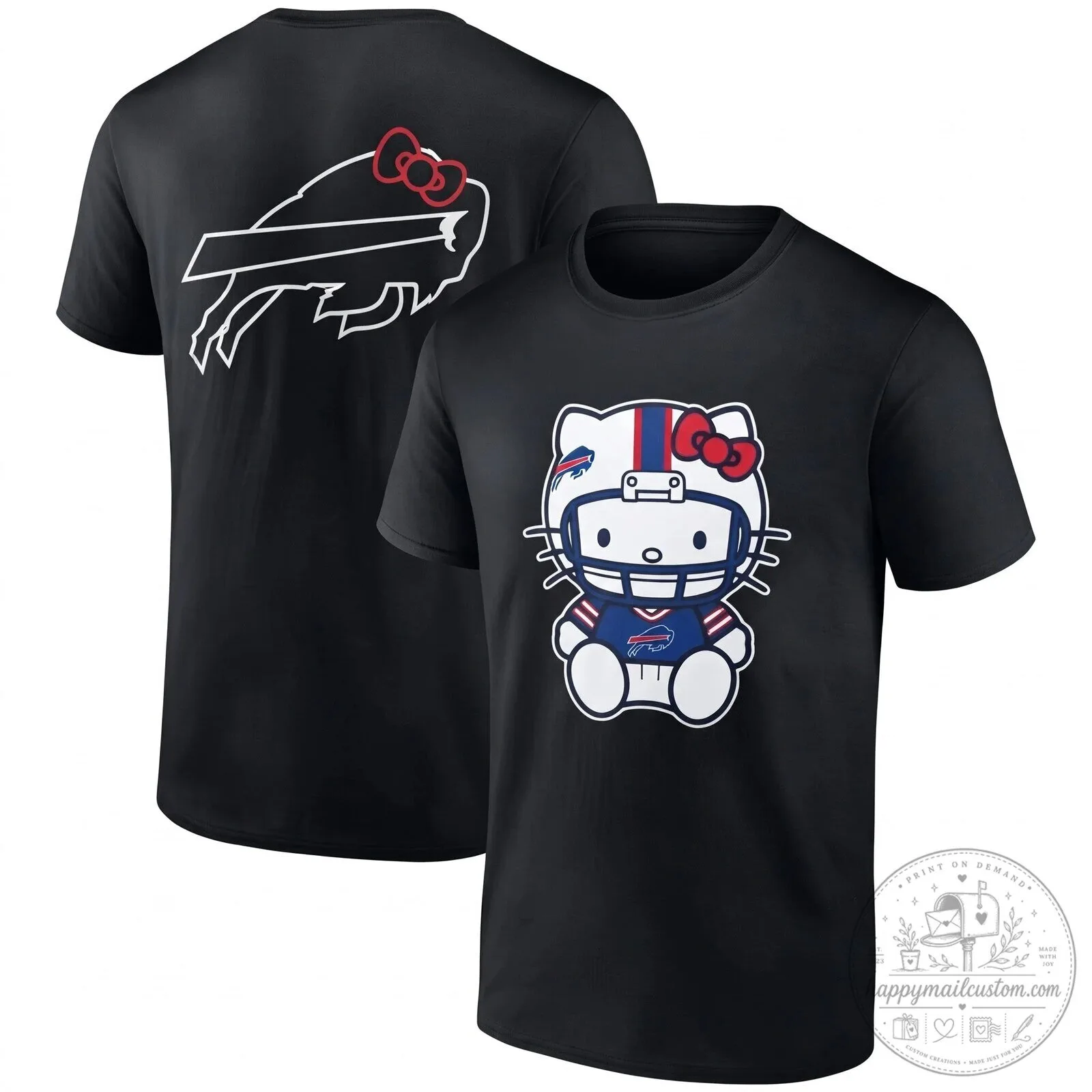Black Graphic T-Shirt Featuring Hello Kitty and Buffalo Bills Football Helmet