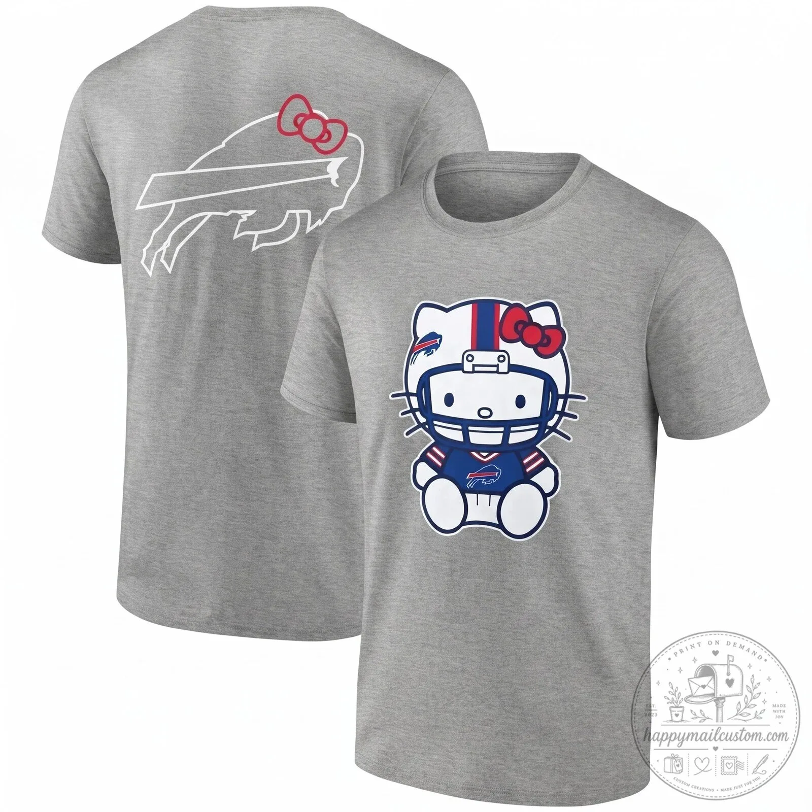Black Graphic T-Shirt Featuring Hello Kitty and Buffalo Bills Football Helmet 16 Black Graphic T-Shirt Featuring Hello Kitty and Buffalo Bills Football Helmet