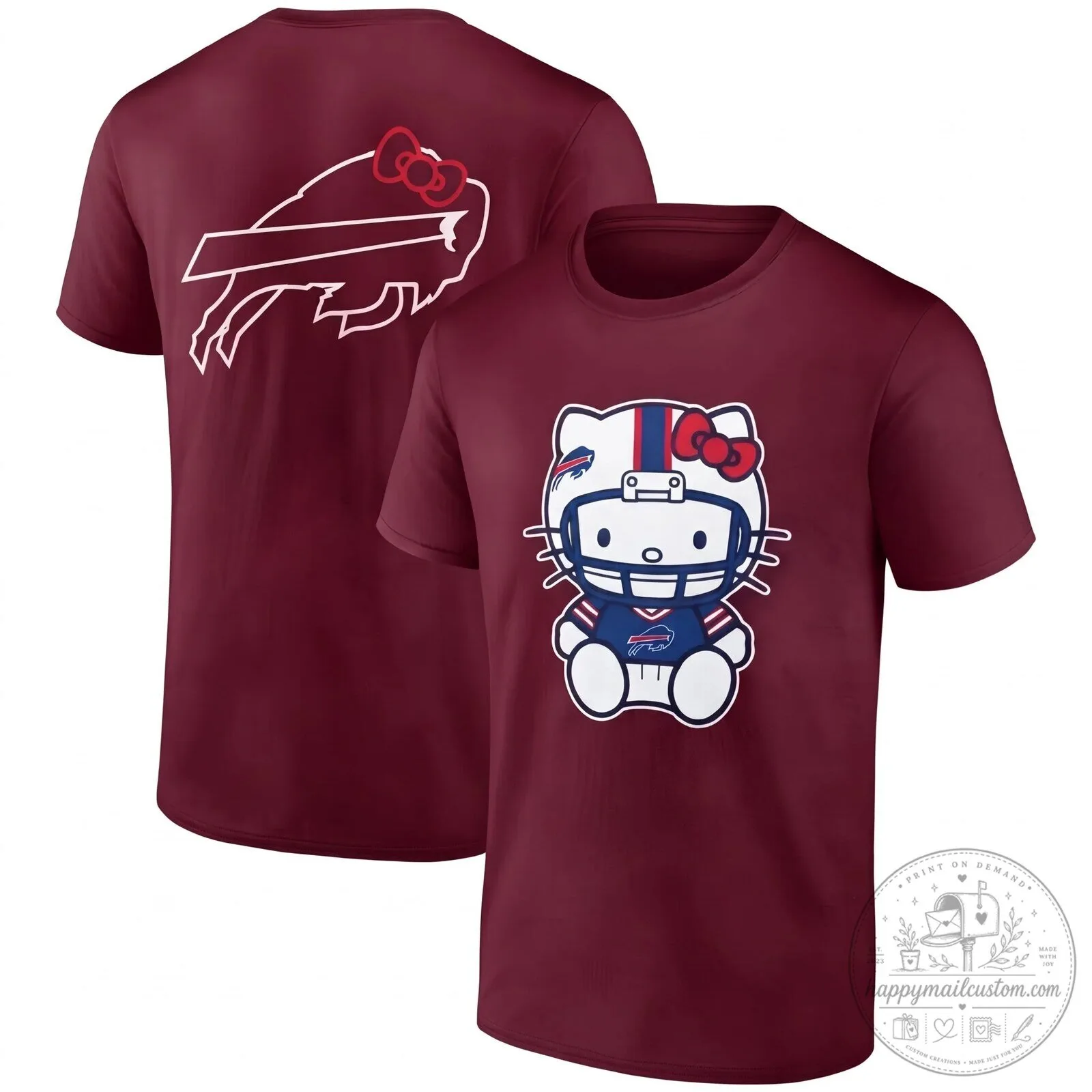 Black Graphic T-Shirt Featuring Hello Kitty and Buffalo Bills Football Helmet 18 Black Graphic T-Shirt Featuring Hello Kitty and Buffalo Bills Football Helmet