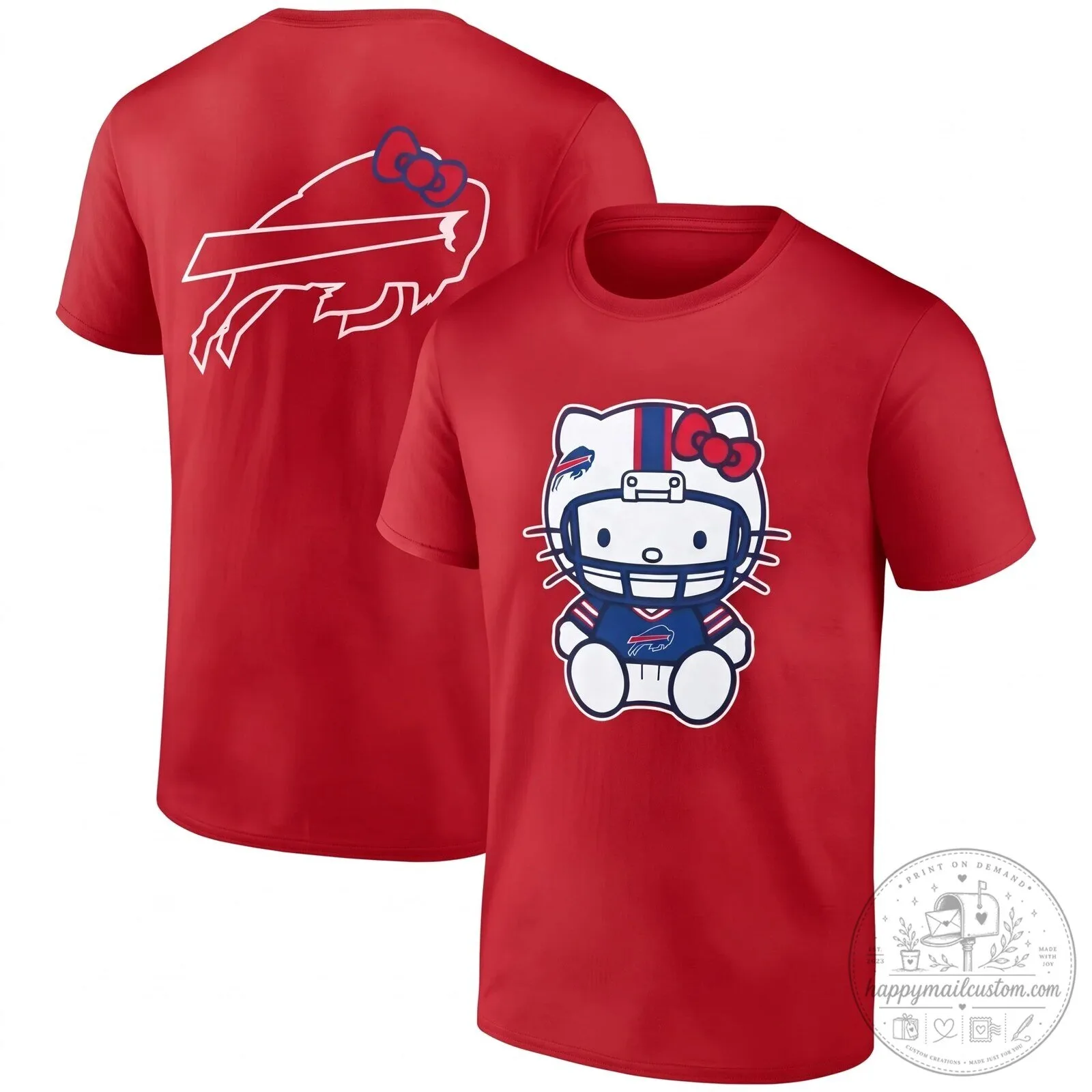 Black Graphic T-Shirt Featuring Hello Kitty and Buffalo Bills Football Helmet 19 Black Graphic T-Shirt Featuring Hello Kitty and Buffalo Bills Football Helmet