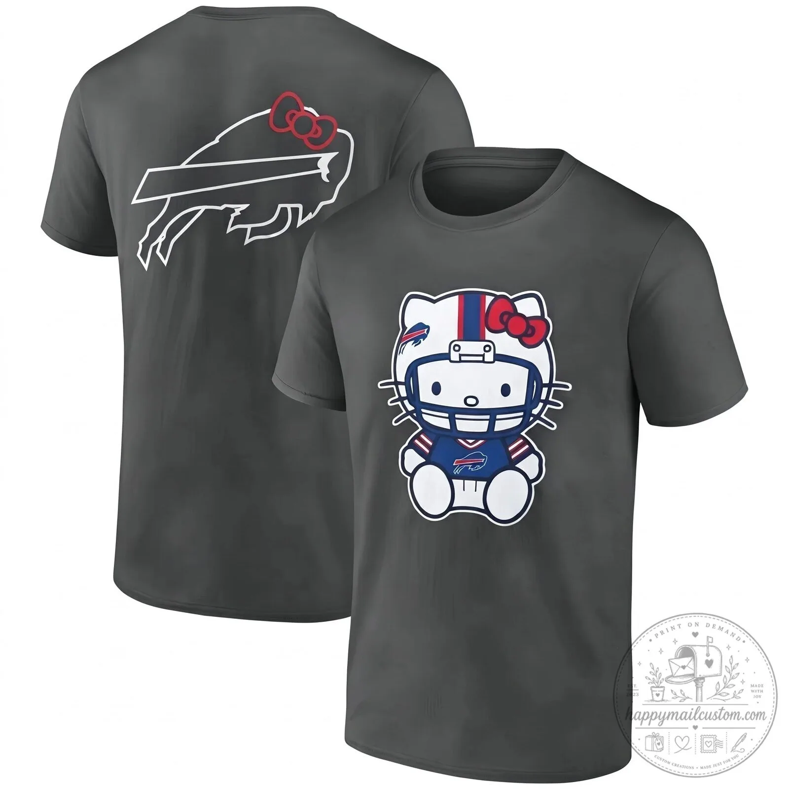 Black Graphic T-Shirt Featuring Hello Kitty and Buffalo Bills Football Helmet 20 Black Graphic T-Shirt Featuring Hello Kitty and Buffalo Bills Football Helmet