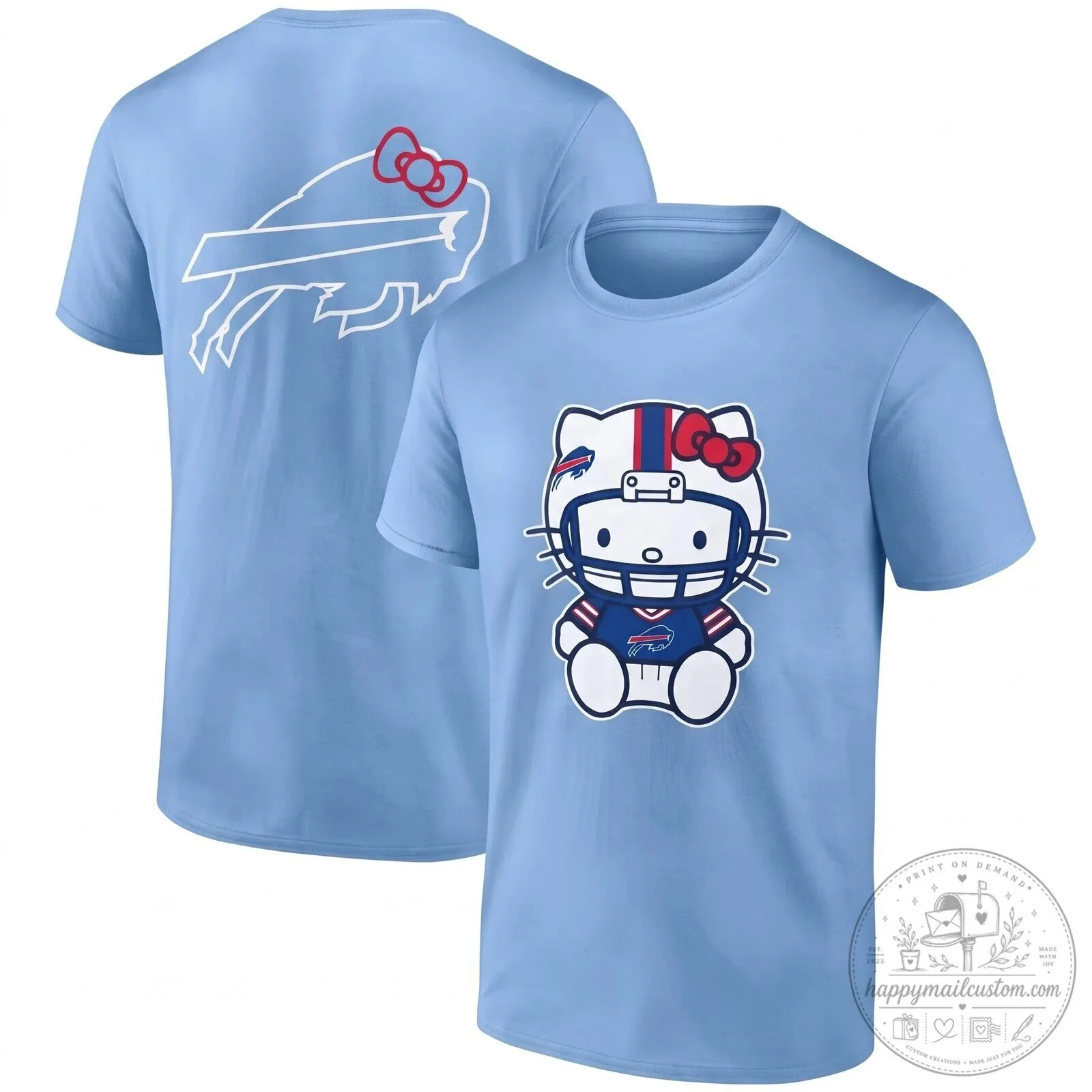 Black Graphic T-Shirt Featuring Hello Kitty and Buffalo Bills Football Helmet 21 Black Graphic T-Shirt Featuring Hello Kitty and Buffalo Bills Football Helmet