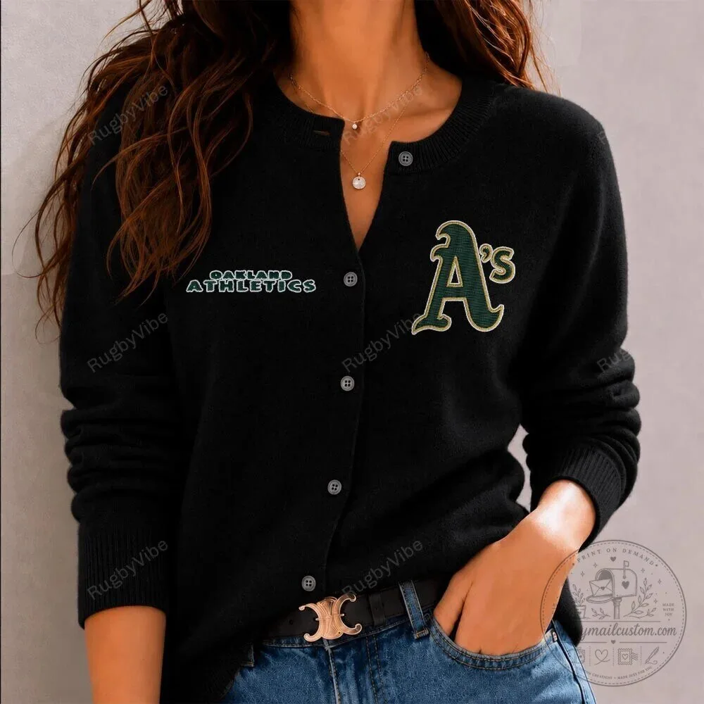 Oakland Athletics Baseball Team Logo Black Button-Up Cardigan Sweater