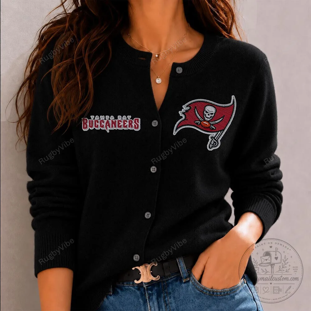 Tampa Bay Buccaneers Pirate Ship Flag Embroidered Black Cardigan Sweater