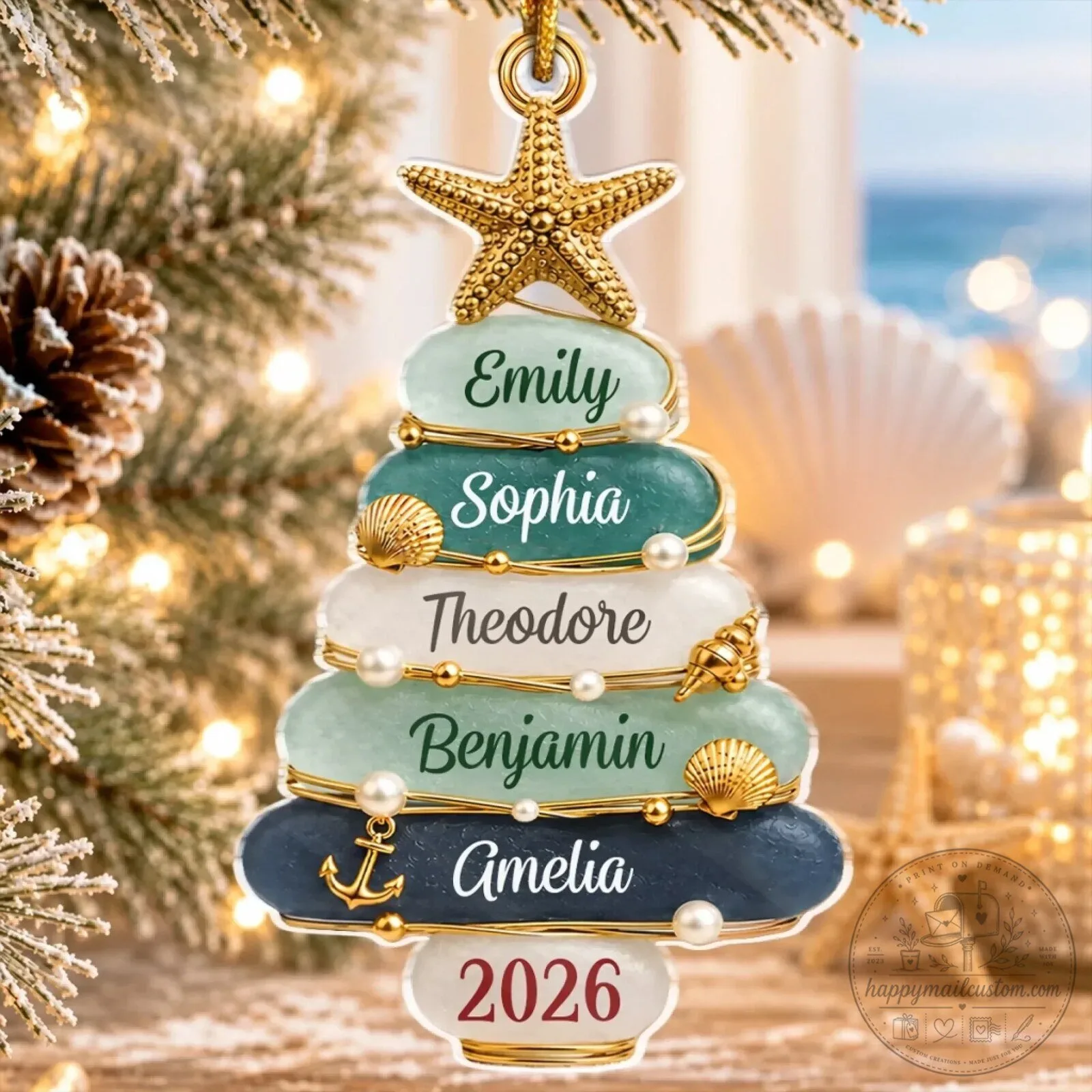 Personalized Family Names Beach Christmas Tree Acrylic Ornament
