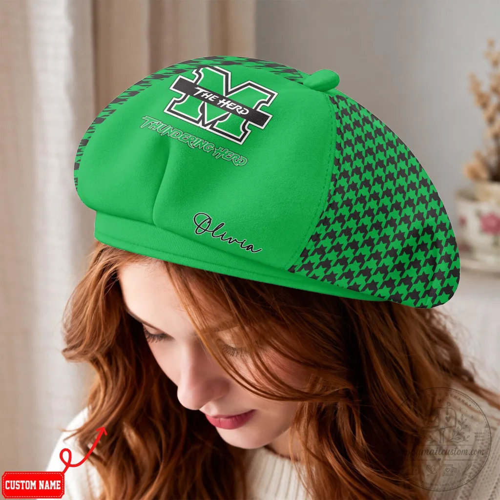 Marshall Thundering Herd Personalized Green Houndstooth Beret Hat Marshall Thundering Herd Personalized Green Houndstooth Beret Hat