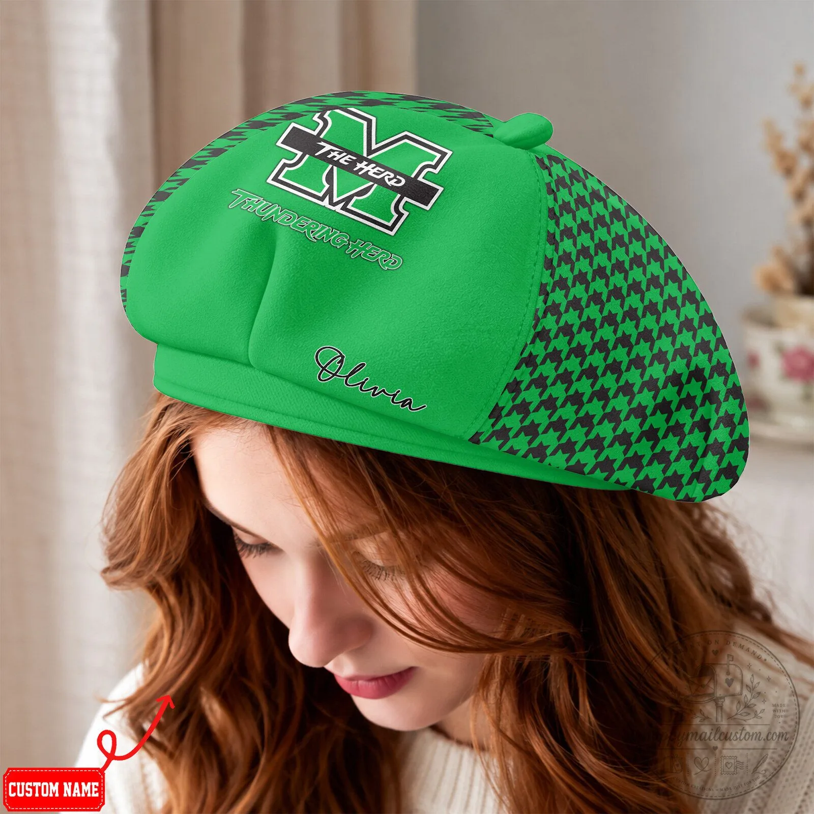 Marshall Thundering Herd Personalized Green Houndstooth Beret Hat