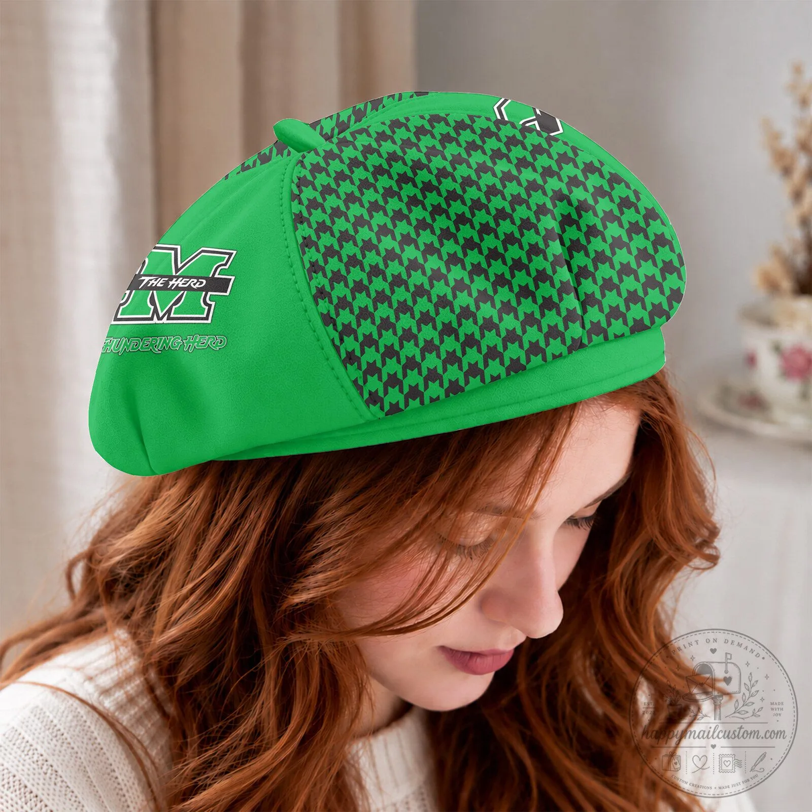 Marshall Thundering Herd Personalized Green Houndstooth Beret Hat 9 Marshall Thundering Herd Personalized Green Houndstooth Beret Hat