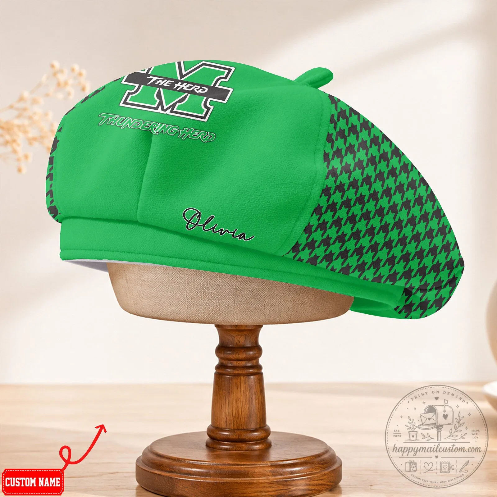 Marshall Thundering Herd Personalized Green Houndstooth Beret Hat 11 Marshall Thundering Herd Personalized Green Houndstooth Beret Hat