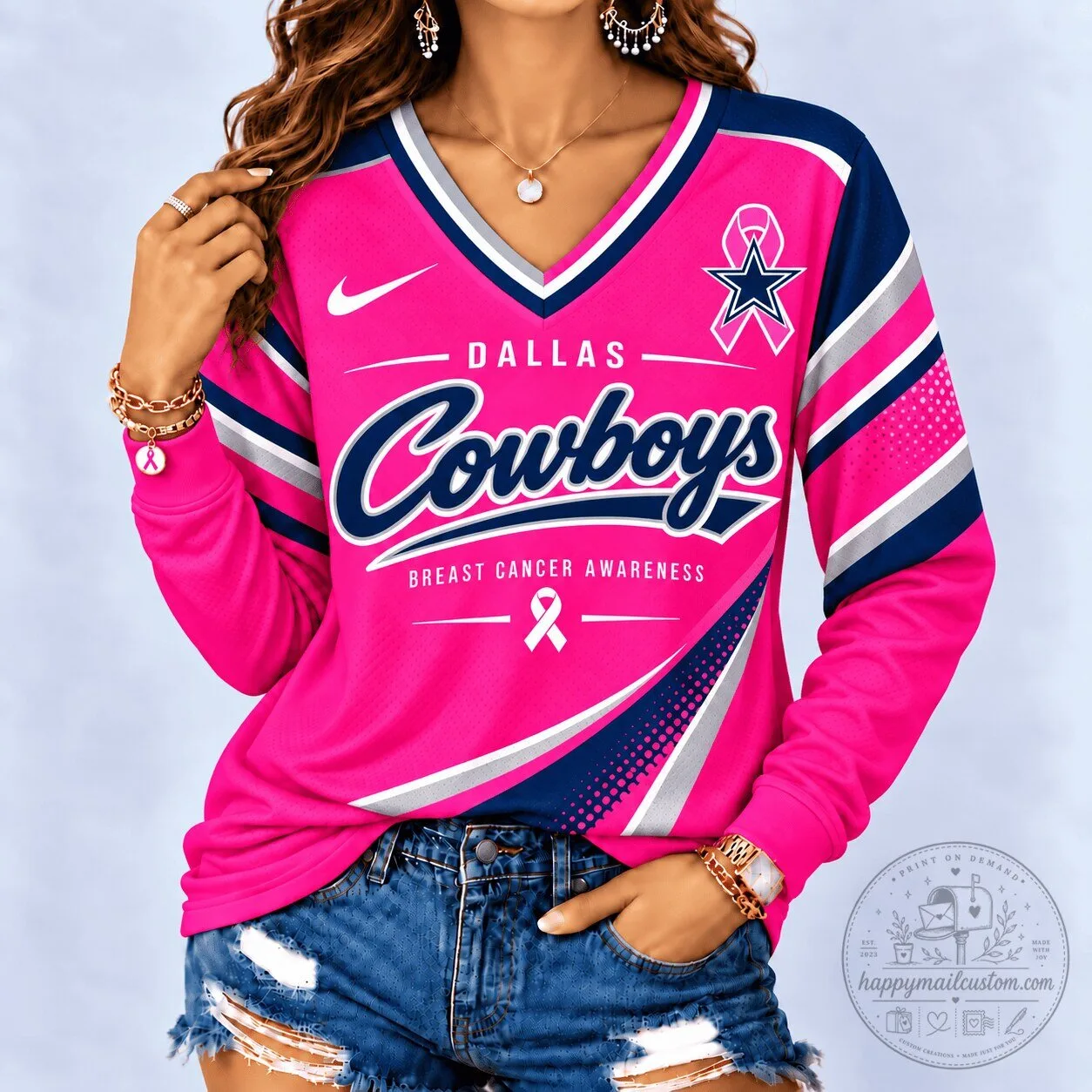Dallas Cowboys Breast Cancer Awareness Pink Long Sleeve V-Neck Shirt