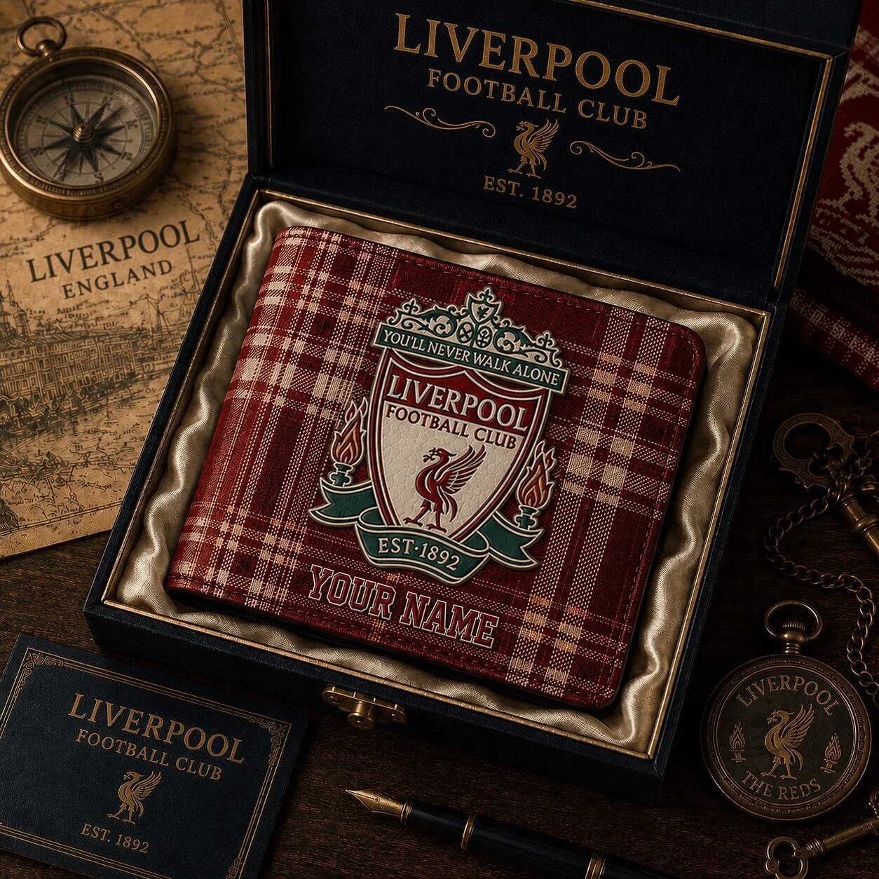 Liverpool Football Club Plaid Bi-Fold Wallet with Custom Name