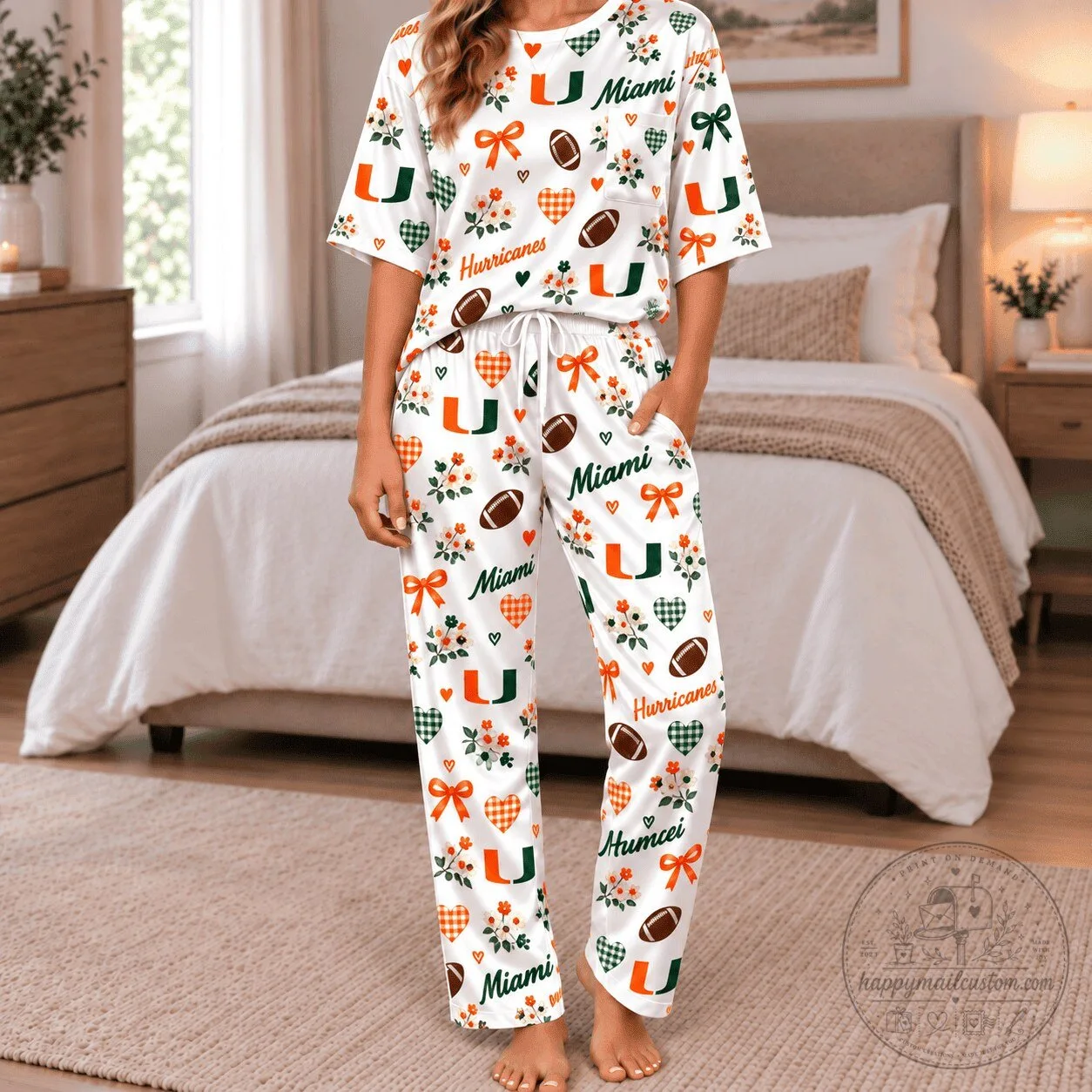 Miami Hurricanes Football Team Pattern Silky Satin Pajamas Set for Women 5 Miami Hurricanes Football Team Pattern Silky Satin Pajamas Set for Women