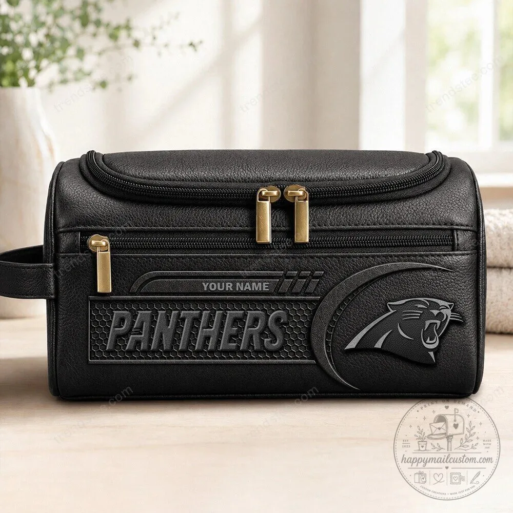 Carolina Panthers Personalized Black Leather Toiletry Bag