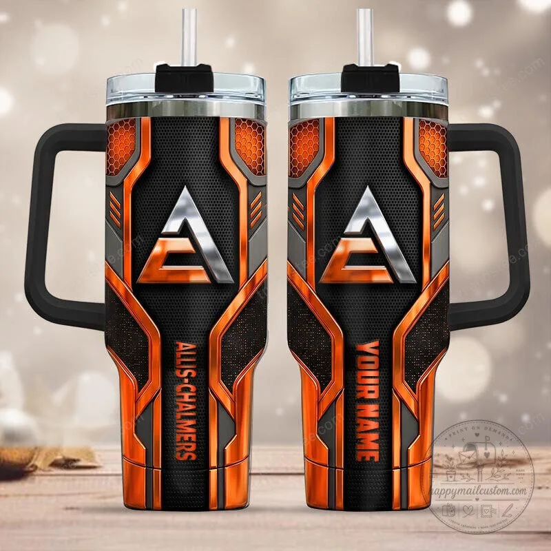 Allis Chalmers Personalized Orange and Black Stainless Steel Tumbler with Handle