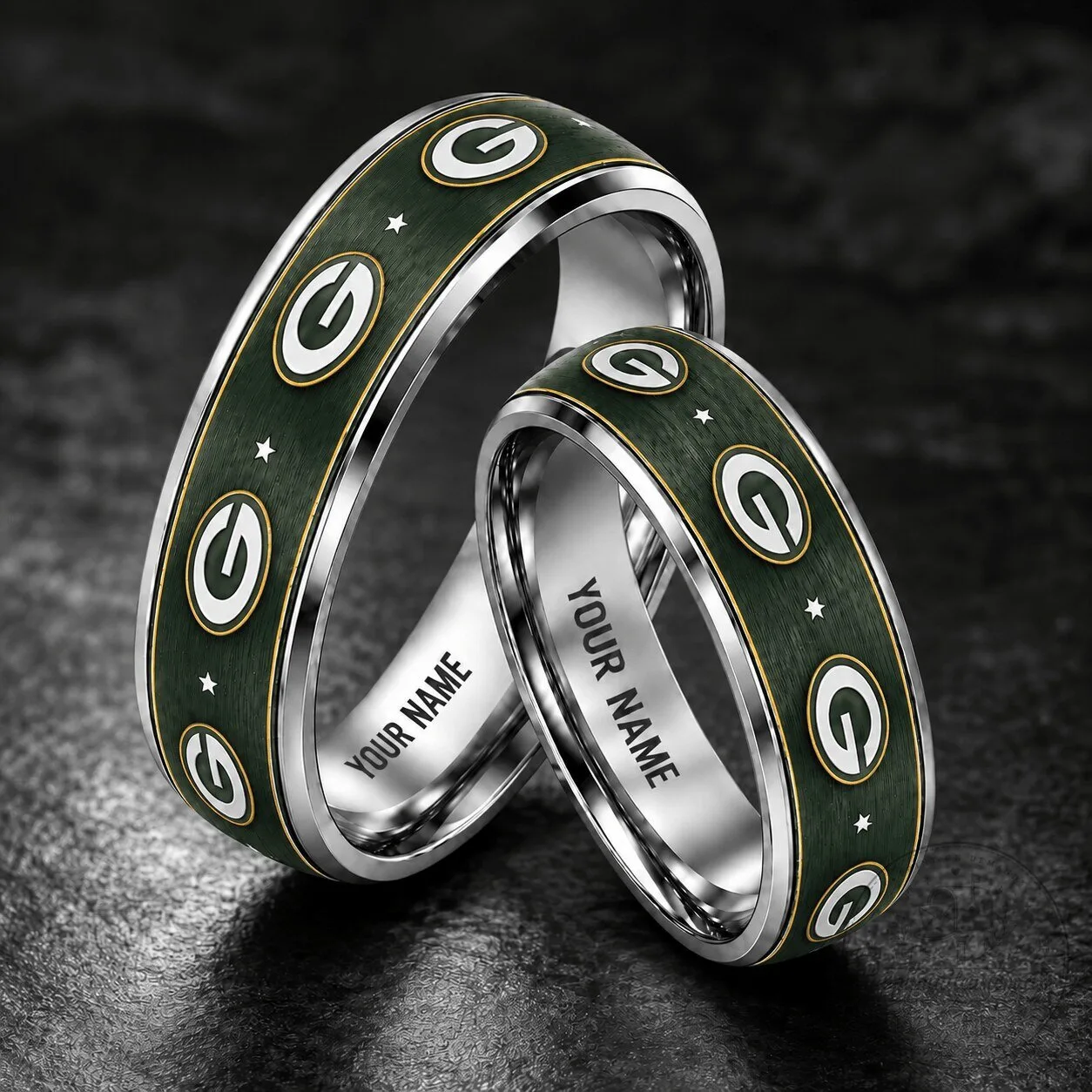 Green Bay Packers Personalized Silver Tungsten Ring with Custom Engraving