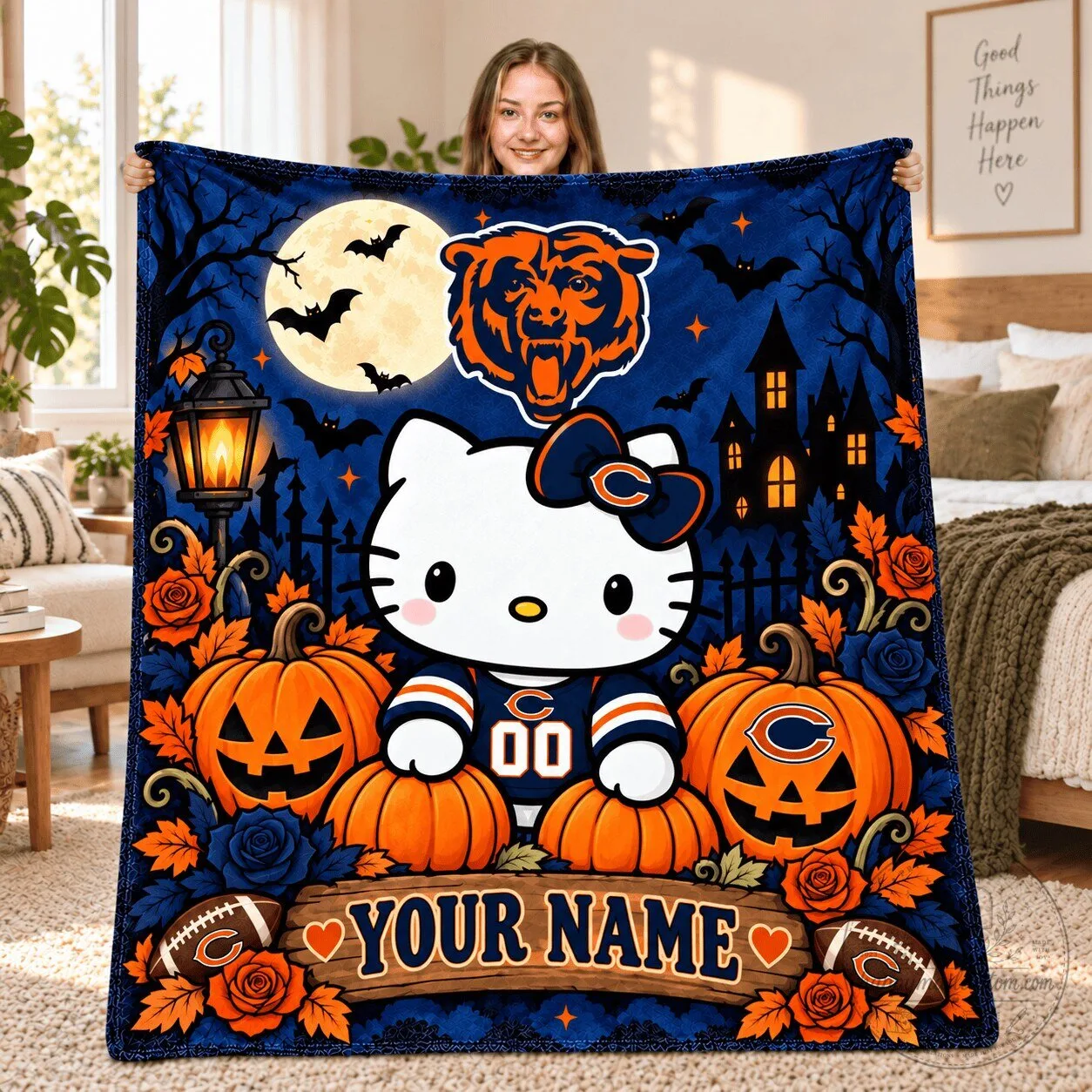Chicago Bears Hello Kitty Halloween Personalized Fleece Blanket
