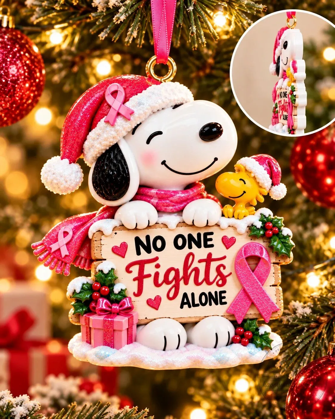 Snoopy Breast Cancer Awareness Christmas Tree Ornament - No One Fights Alone