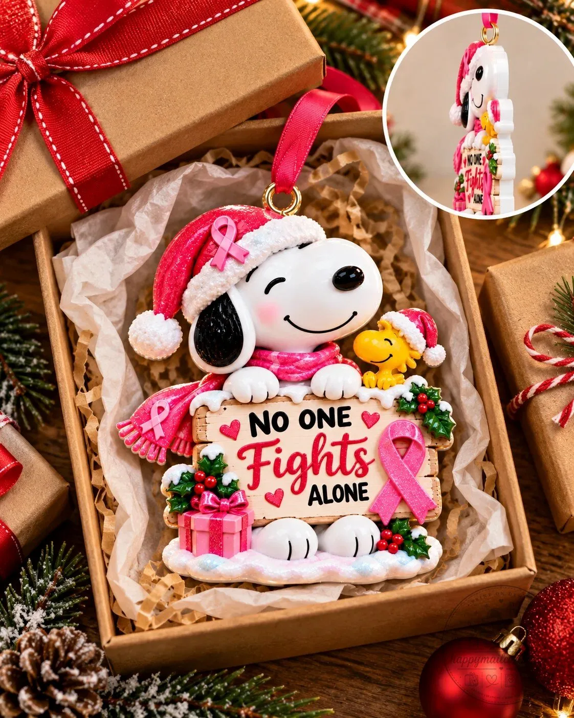 Snoopy Breast Cancer Awareness Christmas Tree Ornament - No One Fights Alone 9 Snoopy Breast Cancer Awareness Christmas Tree Ornament - No One Fights Alone