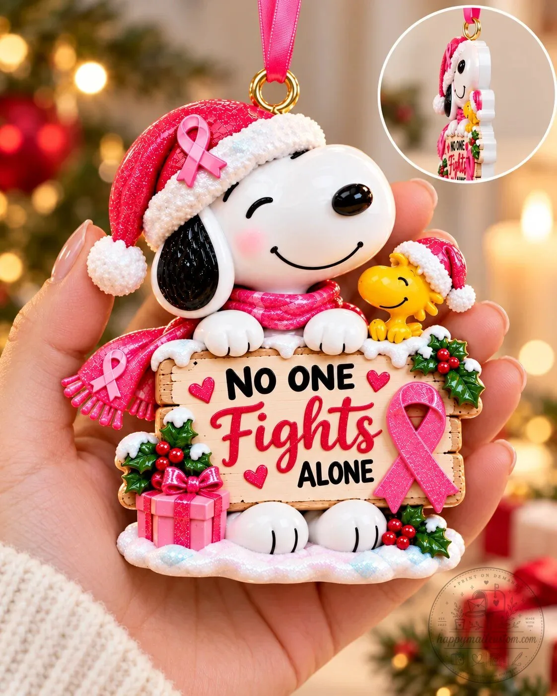 Snoopy Breast Cancer Awareness Christmas Tree Ornament - No One Fights Alone 11 Snoopy Breast Cancer Awareness Christmas Tree Ornament - No One Fights Alone