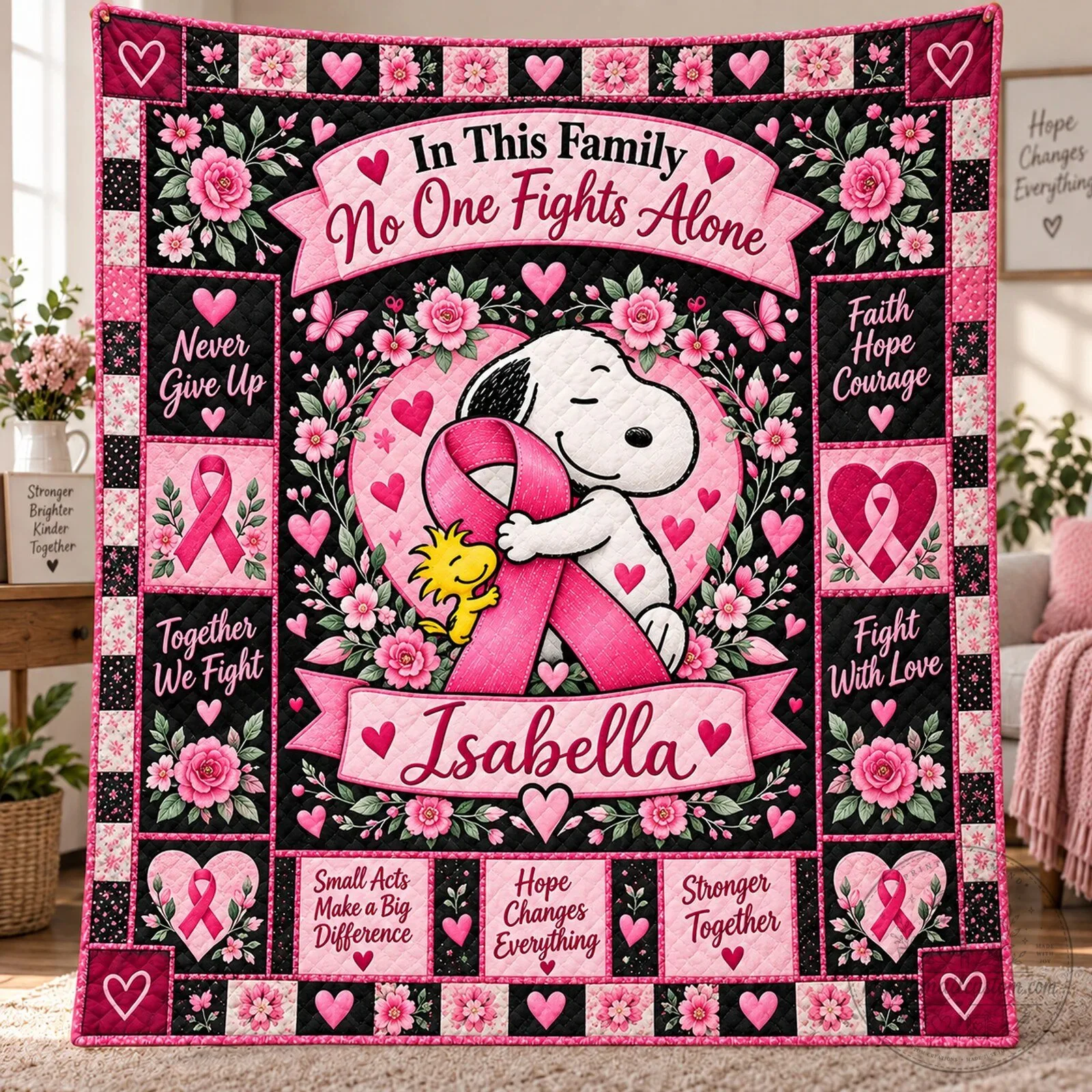 Personalized Snoopy Breast Cancer Awareness Quilt, In This Family No One Fights Alone