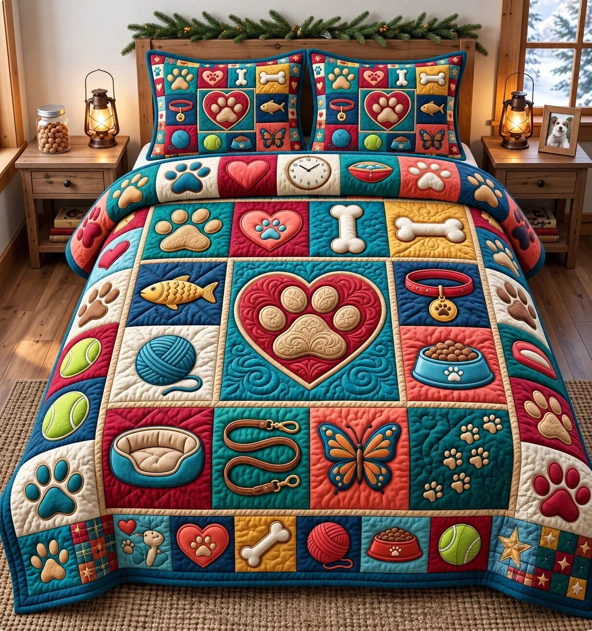 Colorful Pet Paw Print Quilted Bedding Set with Pillow Shams