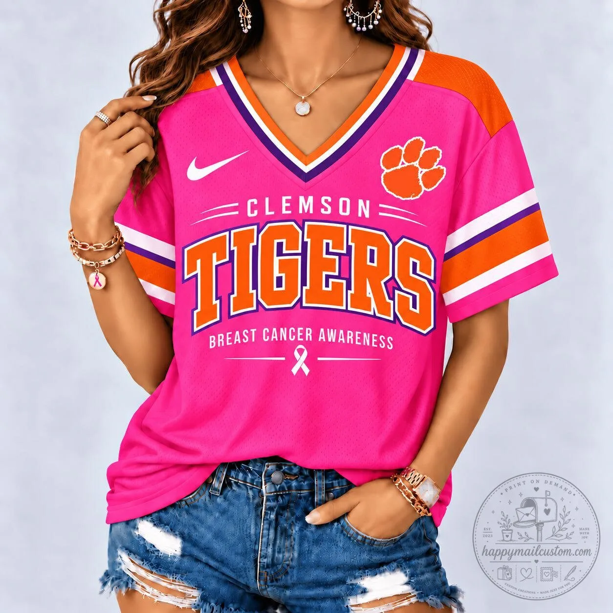 Clemson Tigers Breast Cancer Awareness Pink V-Neck Football Jersey