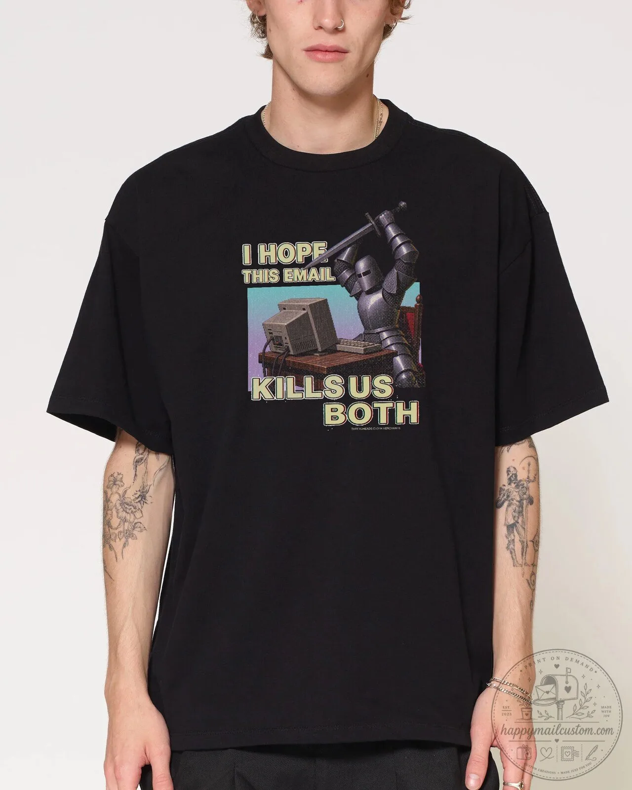 Funny Email Knight Humor Oversized Black Graphic T-Shirt