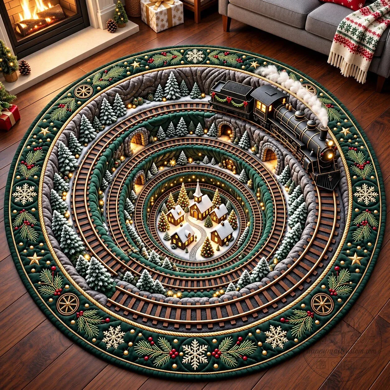 Christmas Railway Train Village Winter Wonderland Round Area Rug 3 Christmas Railway Train Village Winter Wonderland Round Area Rug