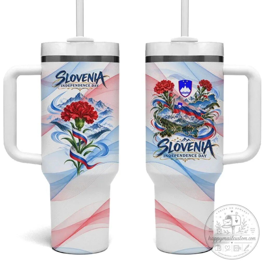 Slovenia Independence Day Red Carnation Flower Mount Triglav Flag Tumbler With Handle