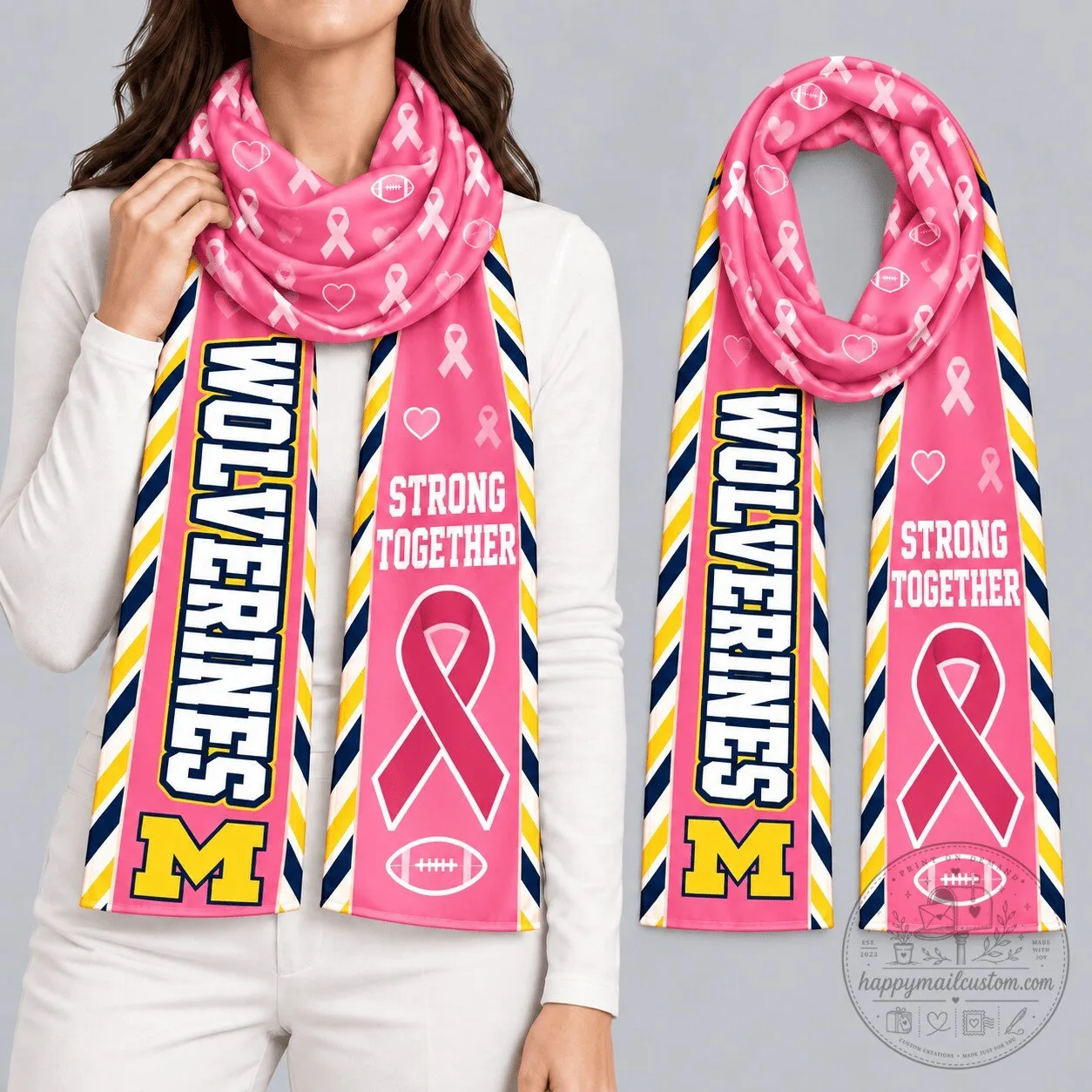 Michigan Wolverines Breast Cancer Awareness Strong Together Football Scarf