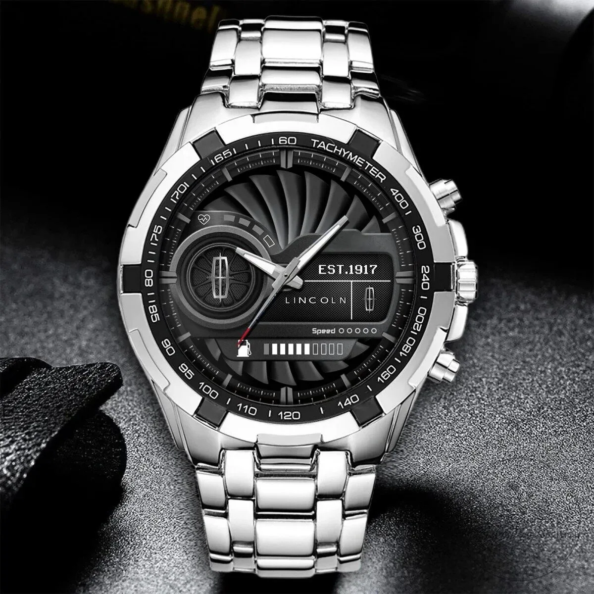 Lincoln Motor Company Est. 1917 Black Dial Silver Stainless Steel Watch